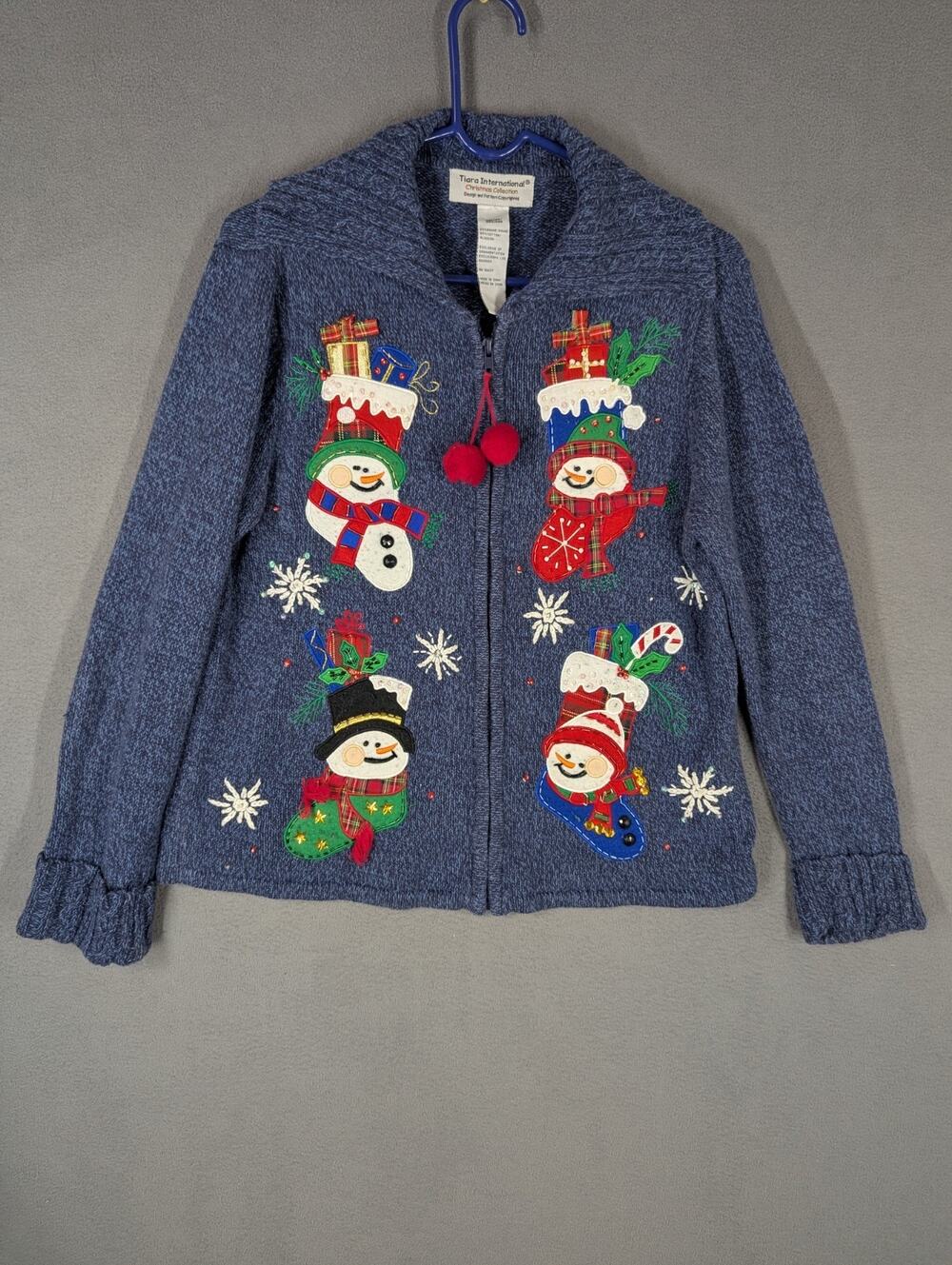 VTG Tiara Women Blue Christmas Sweater Ramie Stocking Cardigan Holiday Medium